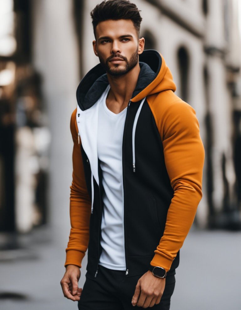 Men's Full Zip Fleece Hoodie zippered Color Block hooded slim Fit Long Sleeve